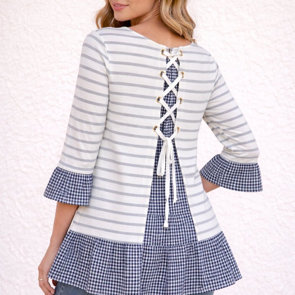 Doe & Rae Striped Lace-Up Tunic Top | Gingham Ruffle Hem & Cuffs NWT